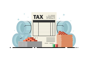Tax form surrounded by building supplies showing business costs and construction-related taxes, Vector illustration.