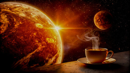 Hot Drink Inside a Semi-Transparent Fiery Planet – Creative Concept