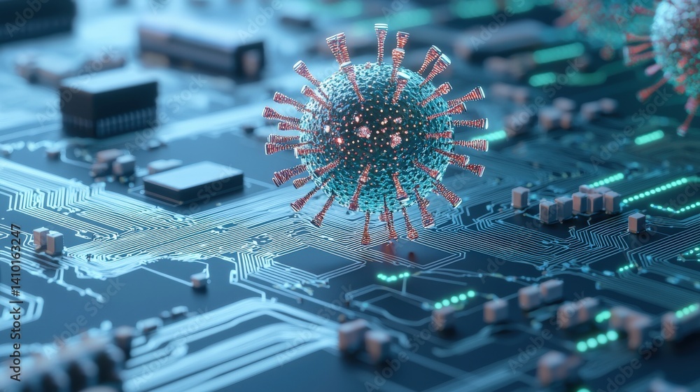 Aufkleber a digital representation of a virus interacting with a circuit board, illustrating the intersection 