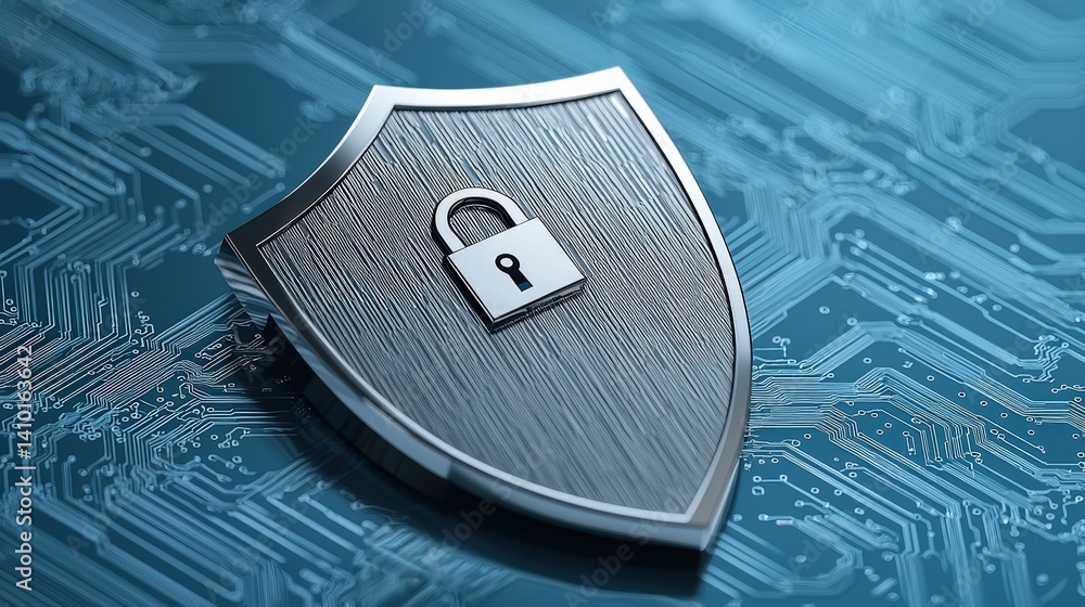 Poster a metallic shield with a padlock symbol on a blue circuit board background, representing cybersecuri