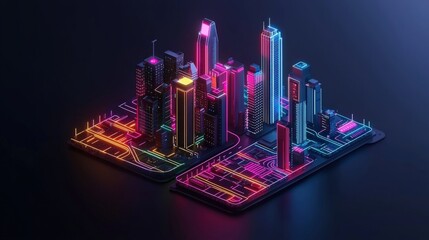 Fototapeta premium A vibrant, neon-lit cityscape design featuring futuristic buildings and illuminated streets, showcasing modern urban aesthetics.