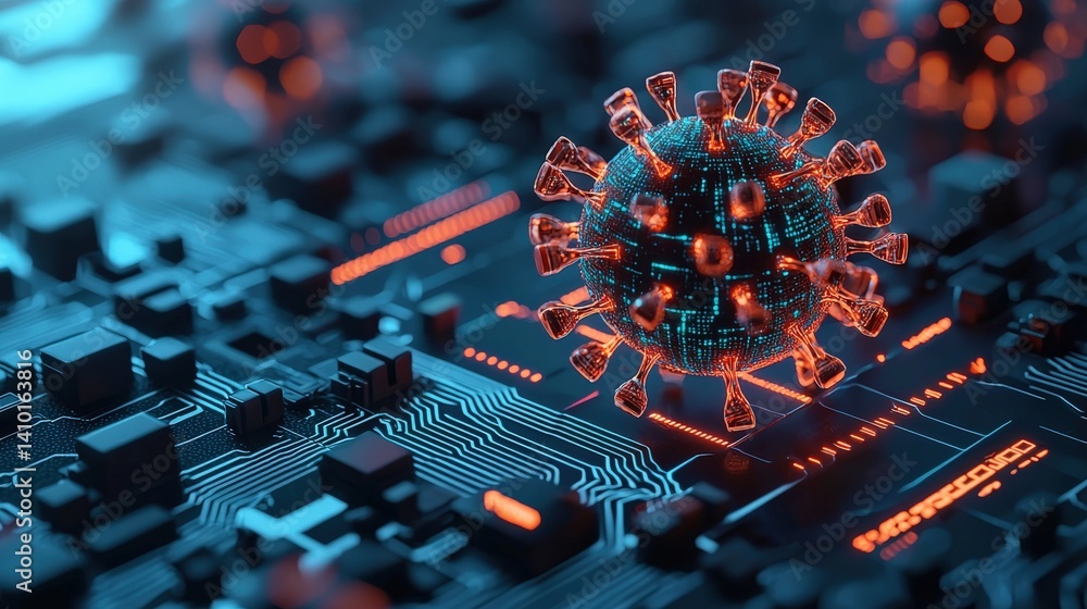 Aufkleber a digital representation of a virus on a circuit board, highlighting the intersection of technology 