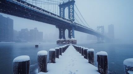 Snowy bridge pier winter fog cityscape
