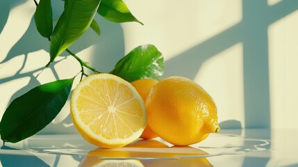 A bright citrus lemon, smooth and glossy, presented in a clean, white studio setting.
