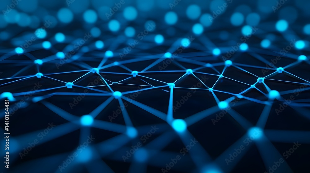 Poster dark futuristic visualization of interconnected digital structures and glowing blue light waves