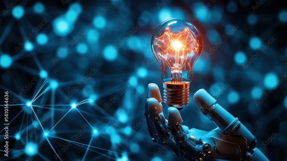 Poster robotic hand holding illuminated lightbulb: artificial intelligence and innovation