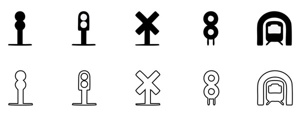 Railway industry pixel perfect linear icons set. Railroad company. Rail transport. Train station. Customizable thin line symbols. Isolated vector outline illustrations