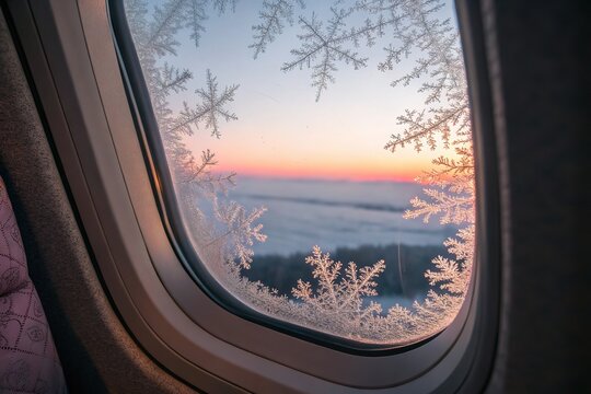 A stunning winter sunrise viewed from an airplane window, framed by delicate snowflakes. - Powered by Adobe