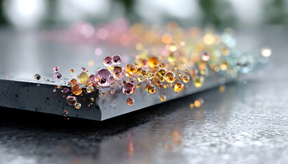 Colorful translucent spheres scattered on a gray surface