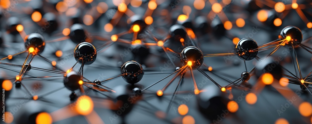Aufkleber a close-up view of interconnected spheres and lines, illuminated with orange lights, representing a 