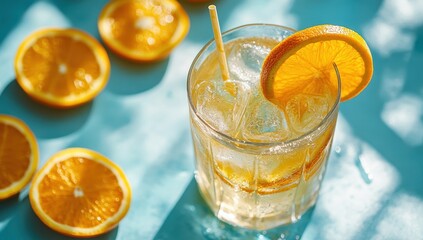 Fototapeta premium Refreshing Citrus Drink with Ice and Orange Slices on Blue Background Perfect for Summer Parties and Cool Gatherings