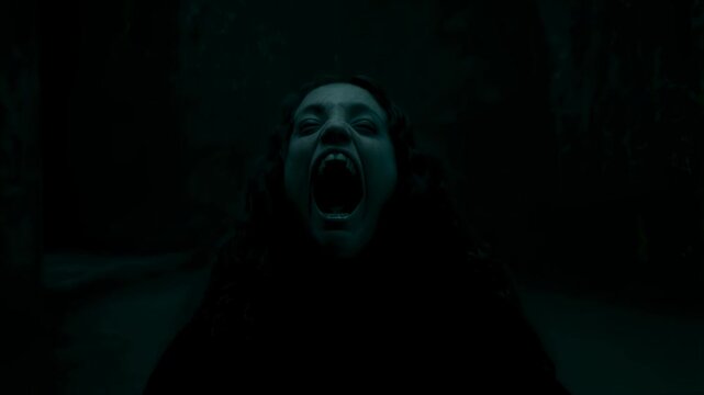 Creepy screamer emerges: ghostly jumpscare in dark nightmare room