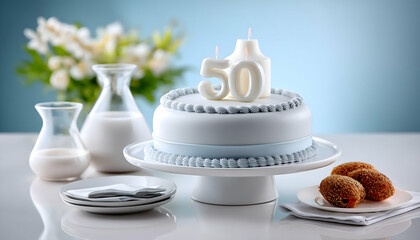 Elegant 50th birthday cake with candles, milk, and pastries on a table