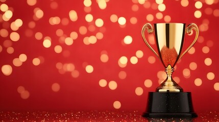 Dazzling Red and Gold Award Trophy with Sparkling Lights on Festive Background