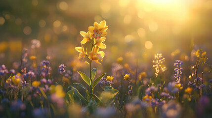Golden orchid bathed in sunlight amongst wildflowers.