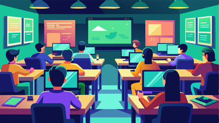 A classroom filled with the soft glow of computer screens as students work their way through online coding tutorials.. Vector illustration