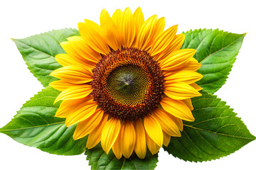 Obraz premium Vibrant Sunflower with Green Leaves isolated on white background .
