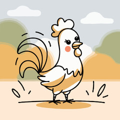 Cartoon rooster standing friendly against a soft pastoral background