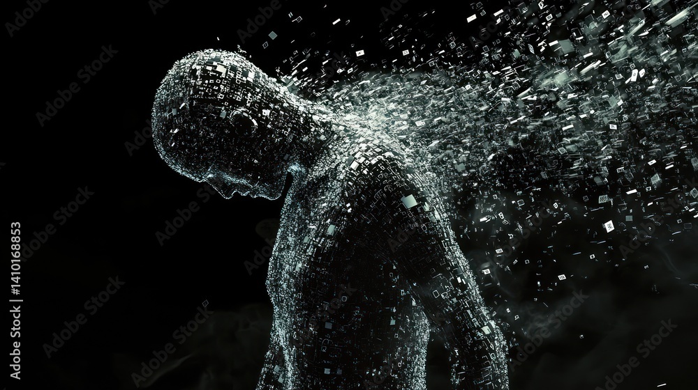Poster fragmenting human figure dissolving into particles