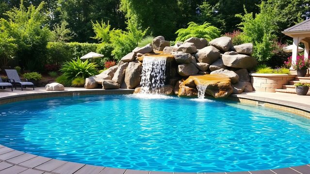 Luxuri&ouml;ser Gartenpool mit Felsen-Wasserfall, umgeben von gr&uuml;ner Natur und Liegest&uuml;hlen. Perfekter Sommertag.