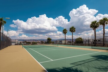 Obraz premium Tennis Court under Blue Sky with White Clouds and Palm Trees.