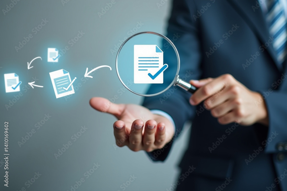 Poster magnifying glass focus to approve document icon on white background for business process workflow il