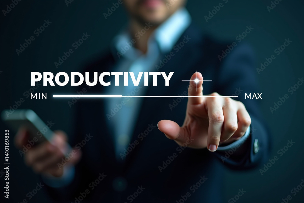 Fototapete increasing productivity and efficiency concept. businessman adjusting virtual slider from min to max