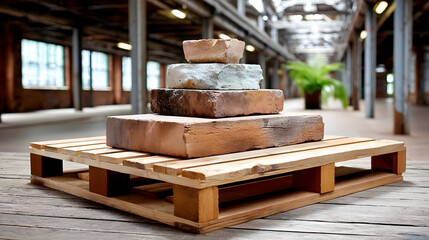 Stacked reclaimed bricks on wooden pallet in industrial setting