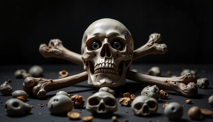 Human Skull with Bones in "Pirate Flag" Style in Beige and Brown Tones, Symbolizing Death and Danger