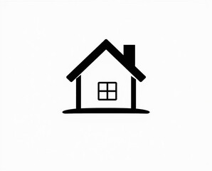 Fototapeta premium A classic black and white ethereal image of a simple black silhouette house icon on a white background, with a triangular roof, chimney, and small square window, conveying a timeless and elegant spiri