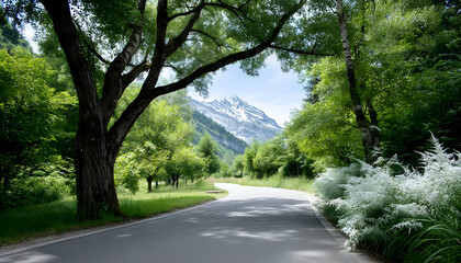 Obraz premium Winding road through lush green valley, majestic mountains in background