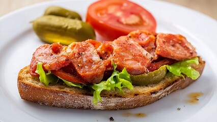 Toasted sandwich with fresh tomato, lettuce, and sausage, served on toasted bread.