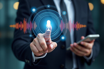Voice recording. Man touching microphone icon on smart phone. Mobile application Record sound, audio, music, voice message. or Use your voice to direct AI to search for information on Internet.