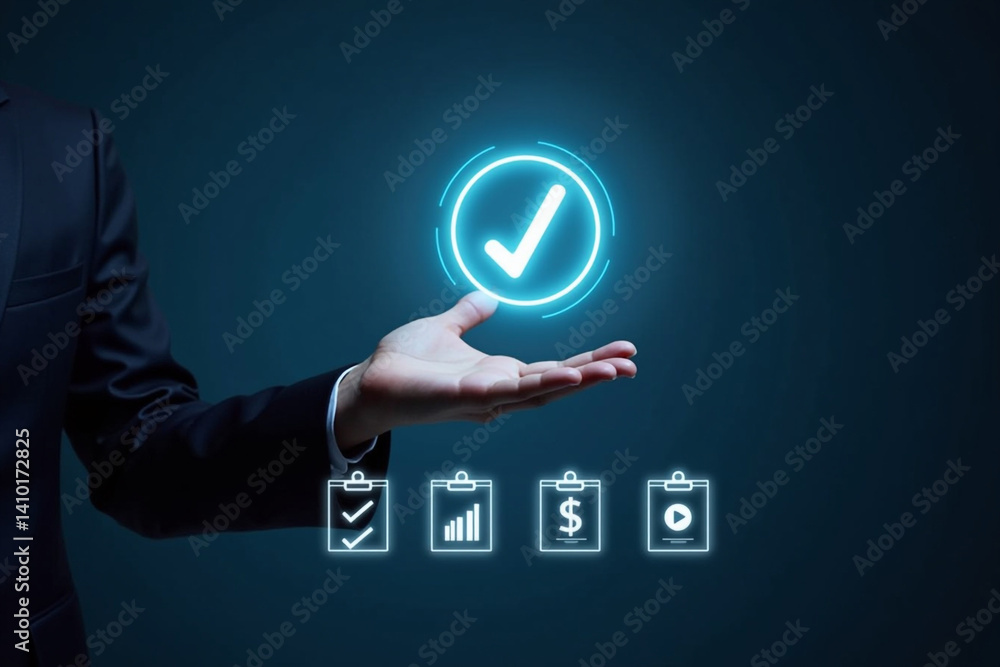 Poster businessman check and check mark online ,business agreements and approvals ,confirmation of contract