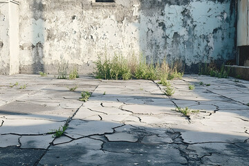 Weathered, cracked patio with patchy vegetation.