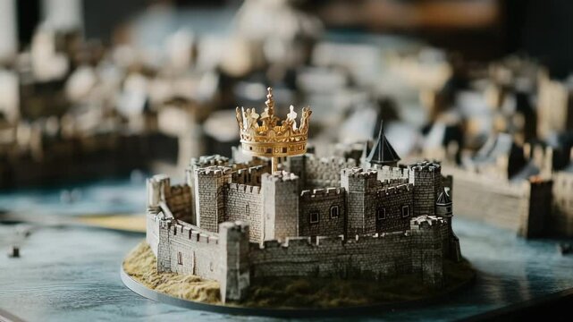 A castle with a crown on top of it. The castle is surrounded by a moat and has a large stone wall