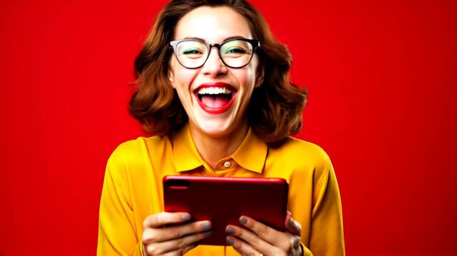 Advertising image of a happy and smiling model after reading a good news on her iPad.
