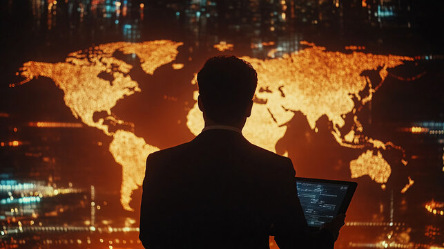 Businessman Analyzing Global Data with Illuminated Digital World Map Display