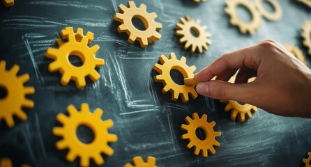 Hand placing gear on chalkboard gears system, teamwork concept