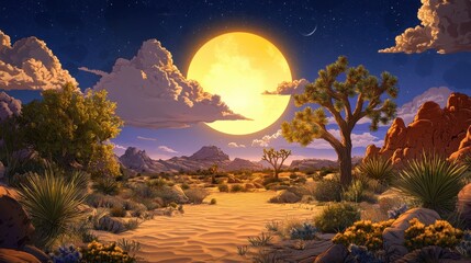 Naklejka premium A dreamy desert landscape bathed in golden light as the sun sets over Joshua Tree.