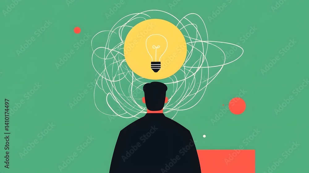 Poster conceptual of tangled thoughts transforming into a bright idea for creative problem-solving
