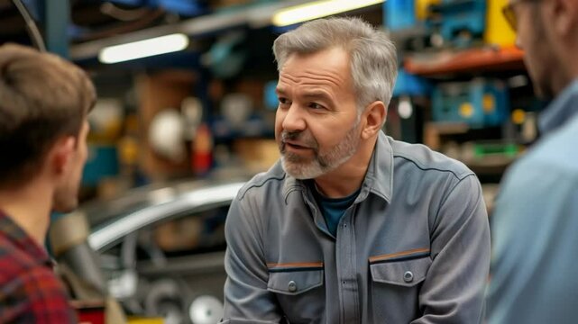 An older man with gray hair and beard in a work shirt speaks seriously with two other men in what appears to be an auto repair shop or industrial workplace.