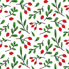 pattern with berries and leaves. flat illustration of red berries on a branch. of spring berries, twigs, and leaves. For seamless textures, greeting cards and children's designs. isolated floral fauna