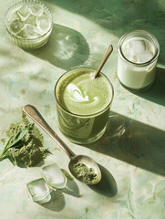 glass of creamy matcha latte with spoon, surrounded by matcha powder, ice cubes, and jar of milk on textured green surface. scene is bathed in soft, natural light