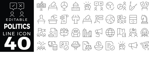 Politics and Governance Icon Set in Thin Line Style – Includes Democracy, Election, Leadership, Rights, and Civic Duty Elements. Editable Stroke.