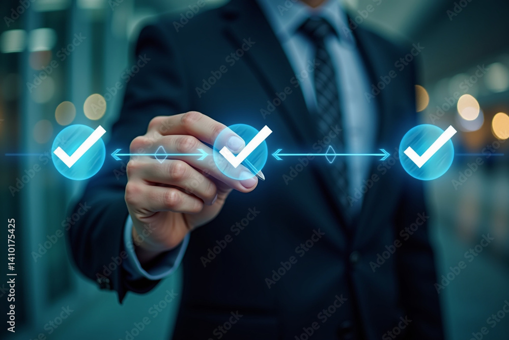 Fototapete businessman writing to tick correct mark in checklist with progressive loading status to remind work