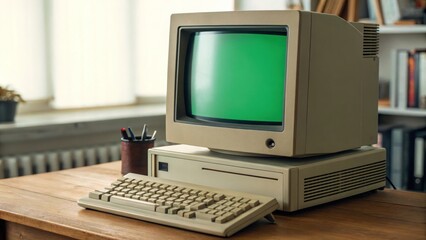 Vintage desktop computer with green screen