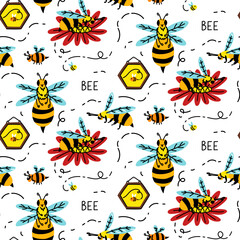 pattern with variety bees with flowers. illustration is made in flat style. various bees collect pollen from flower. Insect. posters, greeting cards and drawings for children. separate colored animal