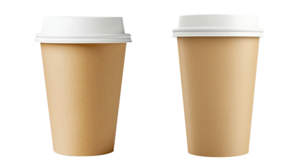 Two unbranded brown paper cups with white lids, ideal for coffee or beverage service, on a white background