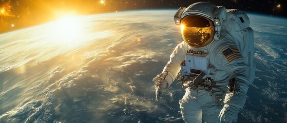 Astronaut in spacesuit floats above earth with sun glare in space.
